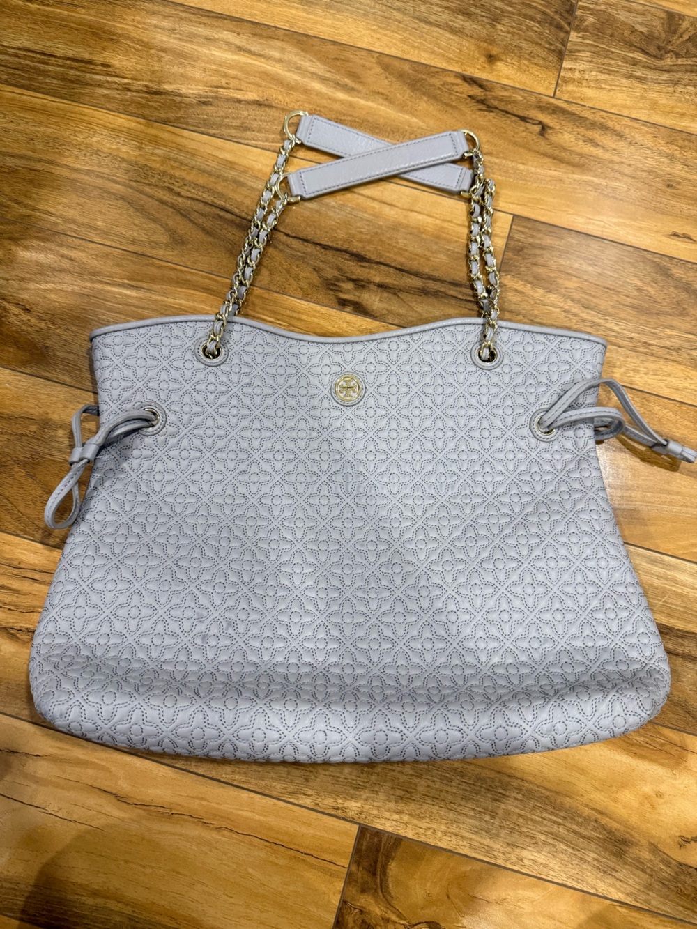 Tory Burch Light Gray Laser-Cut Tote with Gold Chain Straps